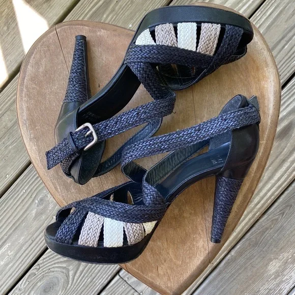 Rare! Stuart Weitzman Smooth + Woven Leather Stiletto Sandals Women's Size 9.5 - Picture 1 of 15